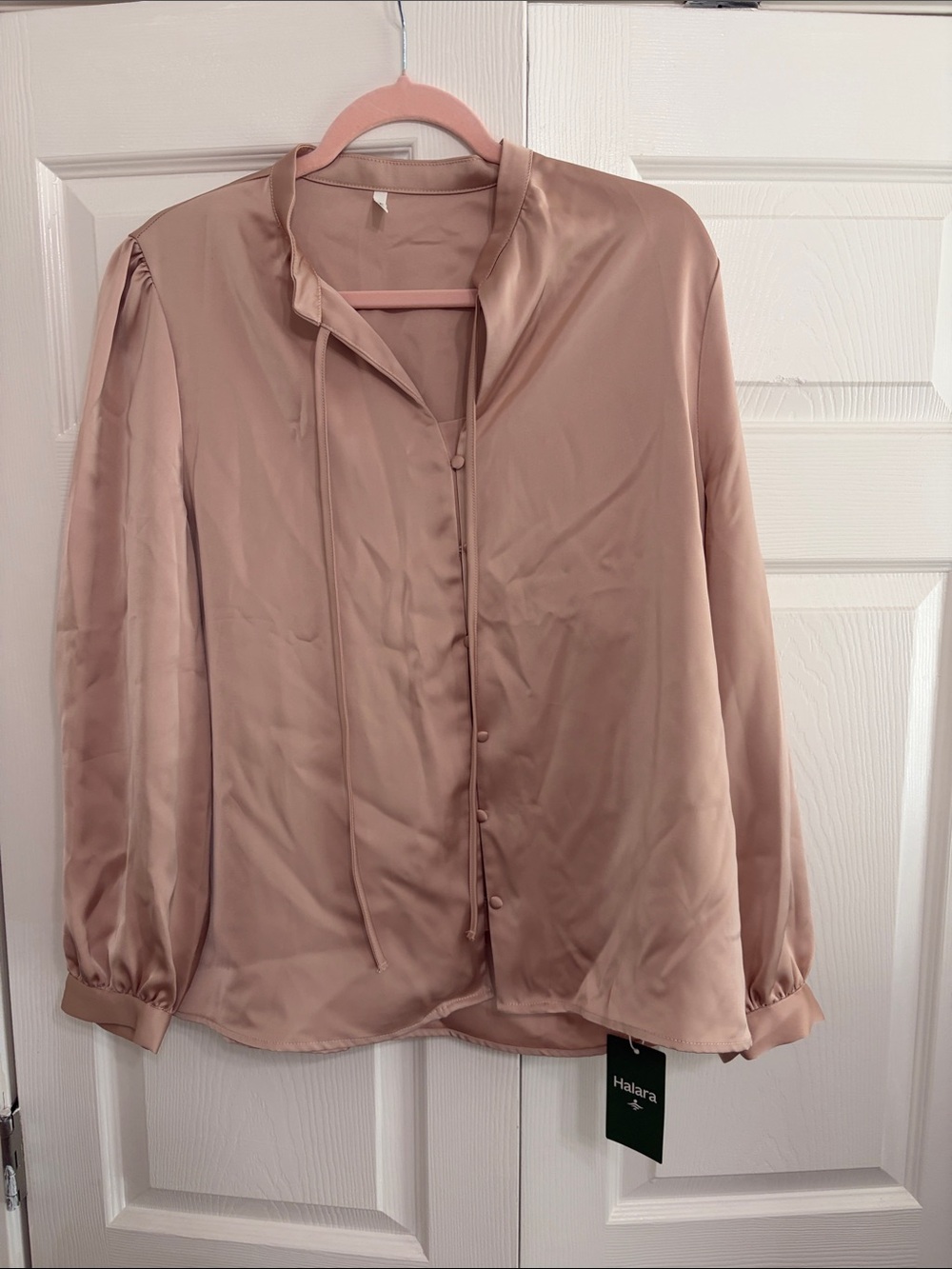 HALARA Blush Pink Satin Tie-Neck Button Blouse